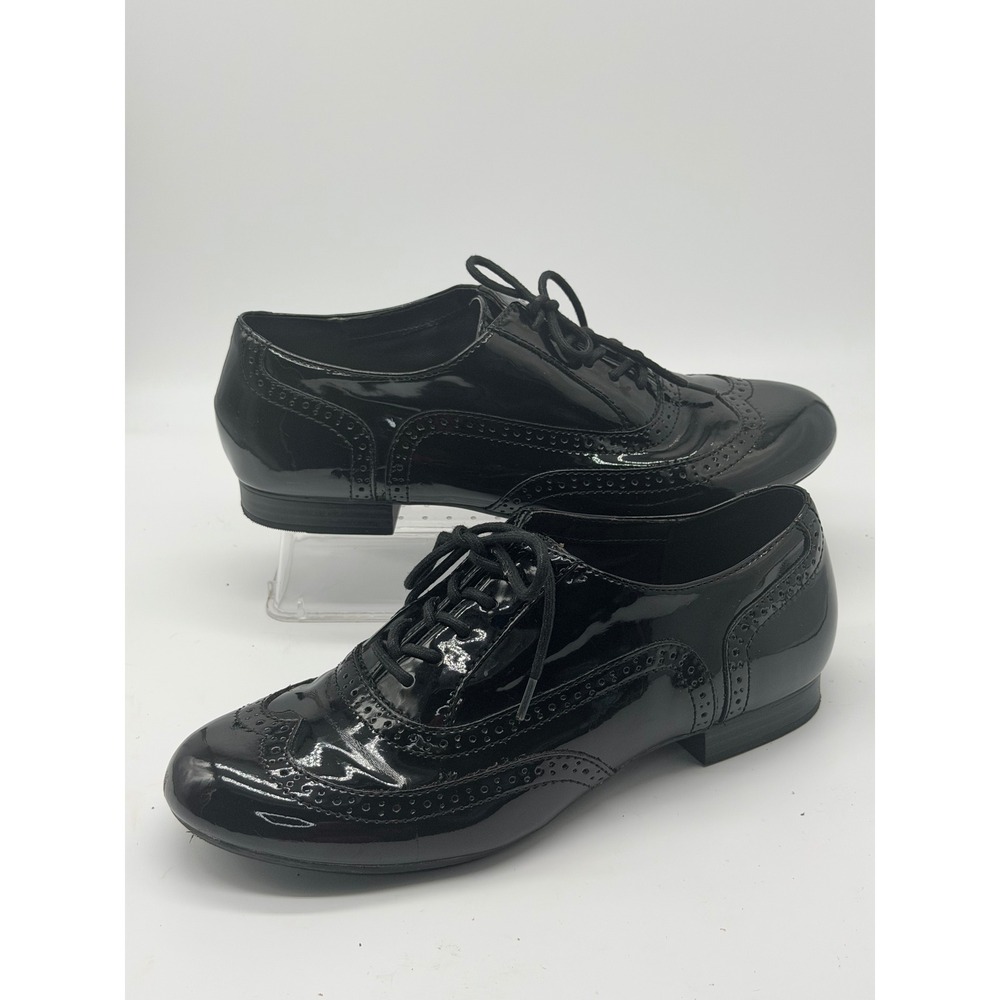 Clarks Womens 8.5 M Black Patent Leather Wingtip Oxford Lace Up Brogue Shoes